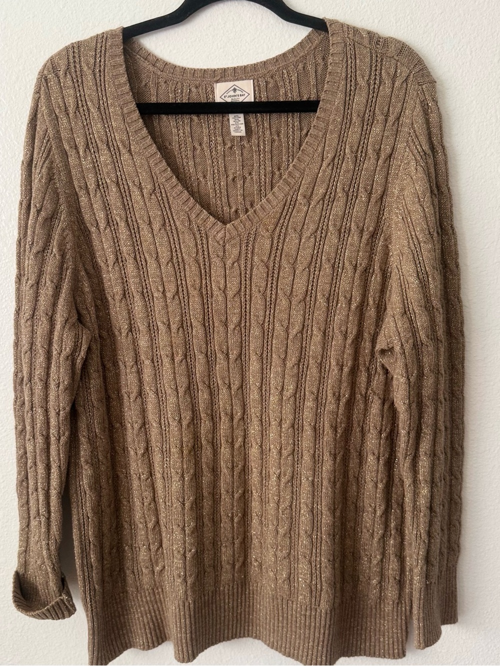 St. John's Bay Women's Cable-Knit V-Neck Sweater in Tan Brown
